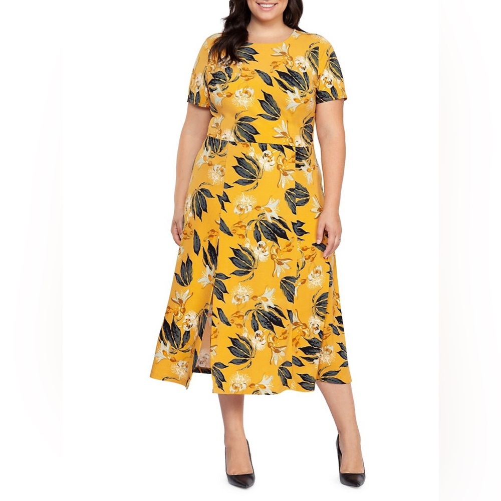 Dex Plus Mustard Yellow Floral Print Long Midi Maxi Dress 2X
